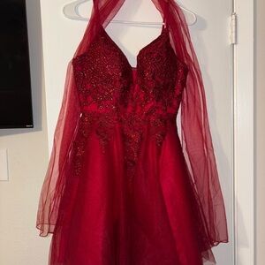 Elegant Red Halter Dress with Beaded Details